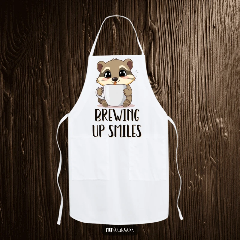 Funny Mongoose apron, sipping coffee happily, cute chef accessory, coffee lover kitchen wear, ideal funny gift.