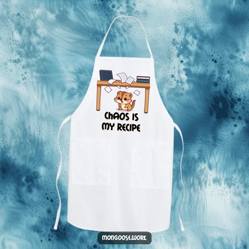 Funny startled mongoose apron, character ducking under a desk, papers flying, kitchen humor.