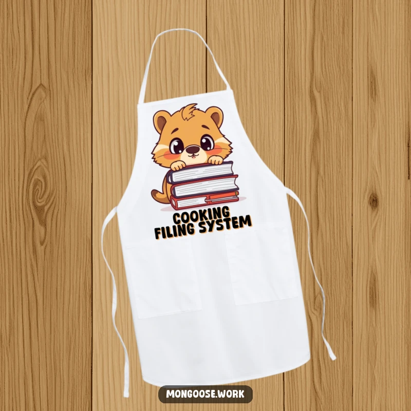 Funny apron featuring a surprised mongoose character peeking over a large stack of files, great for kitchen or craft use.
