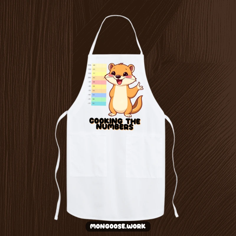 Funny mongoose enthusiastically pointing to a bright, colorful chart on a kitchen apron, adding humorous presentation to cooking.