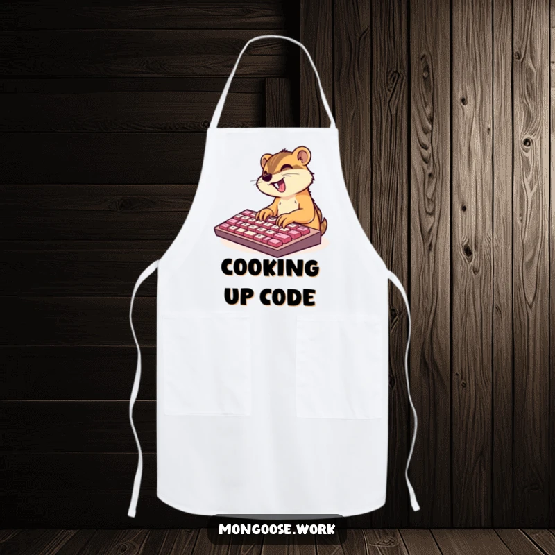 Funny apron featuring a cute mongoose character excitedly typing on an oversized keyboard, ideal for kitchen or craft use.