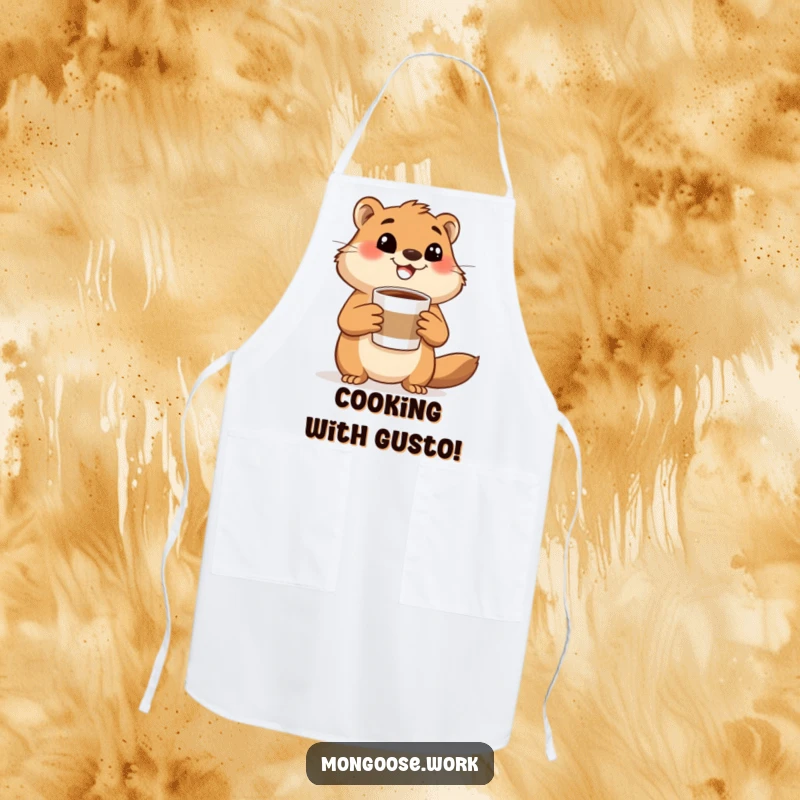 Funny mongoose coffee apron, a happy mongoose holding a coffee cup and gesturing excitedly, perfect for kitchen use and coffee enthusiasts.