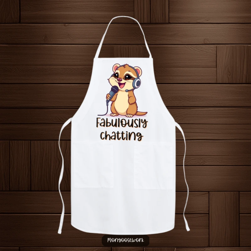 Funny Mongoose Apron: A happy mongoose wearing a headset and microphone, humorously acting as a DJ.