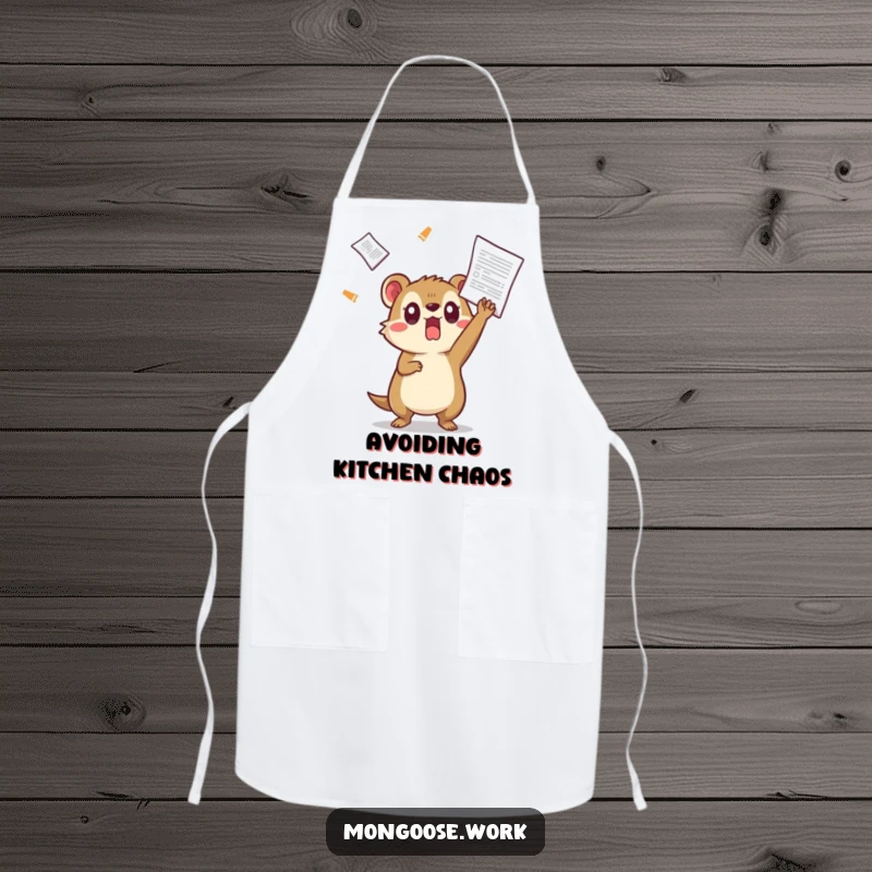 Funny Kawaii mongoose apron, showing a surprised mongoose dodging a flying document, perfect for humorous kitchen escapades.