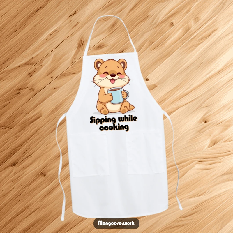 Funny apron featuring a happy mongoose character cheerfully sipping coffee from a tiny mug, ideal for kitchen use.