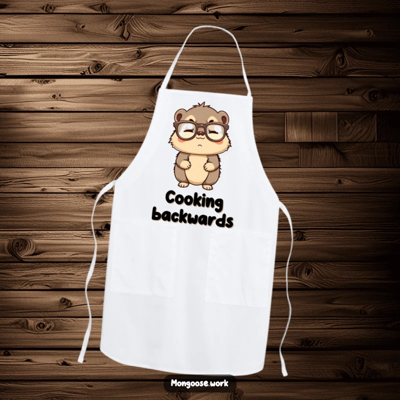 Funny apron showcasing a confused mongoose wearing upside down reading glasses, perfect for cooking and baking.