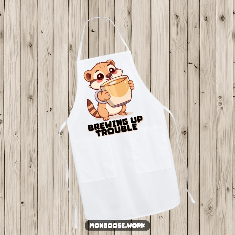 Funny Mongoose Apron: A wide-eyed mongoose holding a giant coffee mug, humorously dressed as a barista.