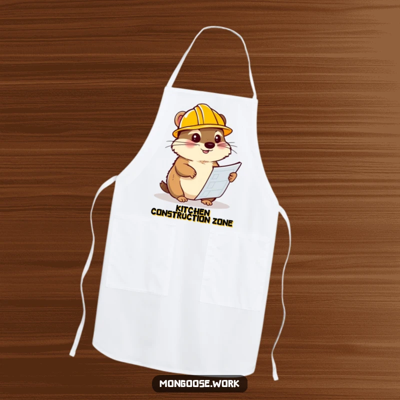 Funny mongoose apron, wearing a hard hat and examining blueprints, a humorous and protective accessory for the workshop.