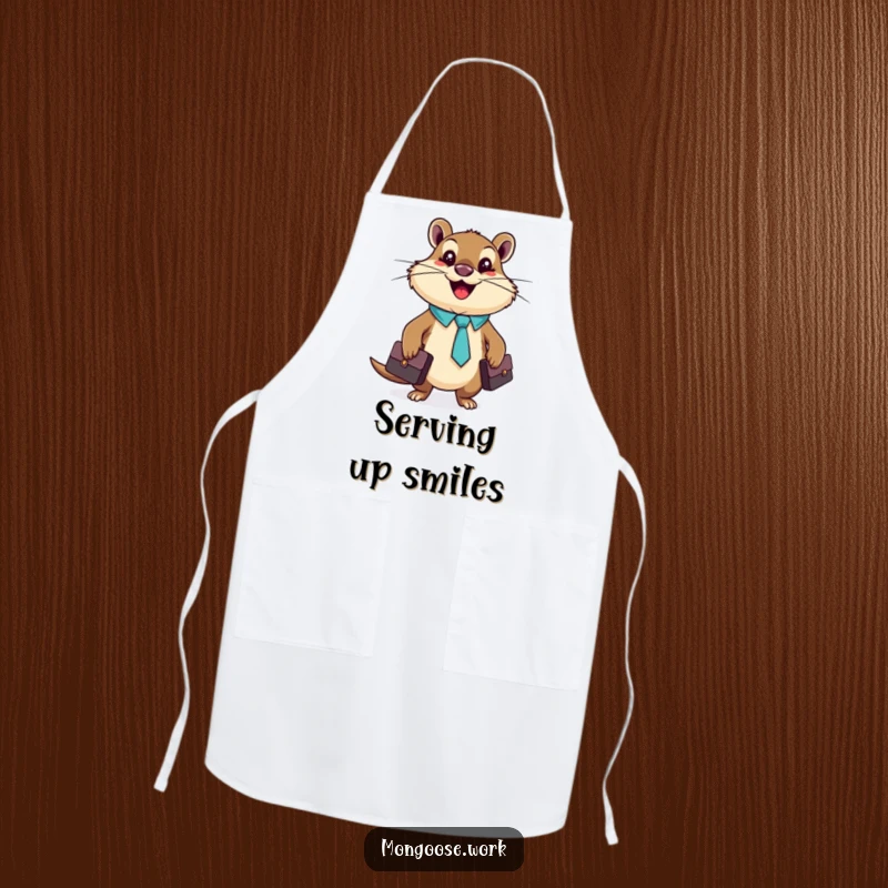 Funny mongoose character in a tie holding a briefcase, printed on a protective kitchen apron.