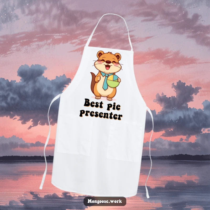 Funny Mongoose apron, wearing tie, presenting pie chart, cute chef accessory, business humor kitchen wear, ideal funny gift.