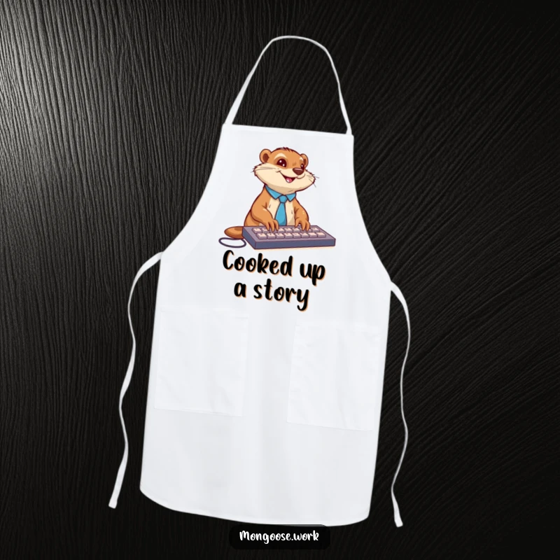 Funny mongoose in a tie typing on a keyboard, featured on a humorous apron for kitchen professionals.