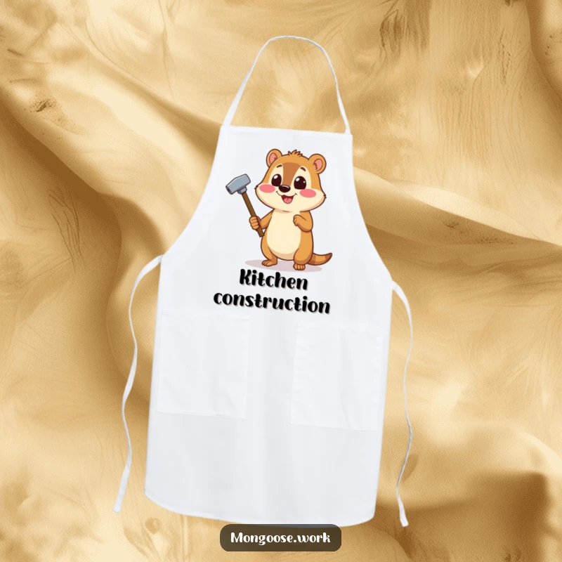 Funny Mongoose DIY apron showing a cheerful mongoose using a stapler like a hammer, perfect for workshop tasks.