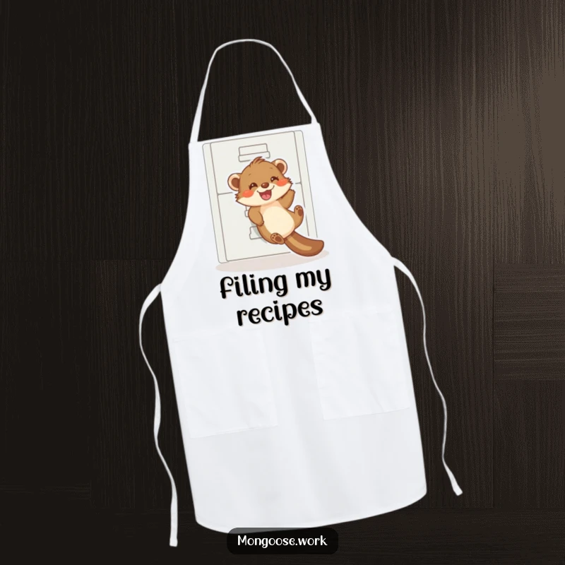 Funny mongoose apron, a happy mongoose sliding down a filing cabinet, kitchen humor, cooking gift.