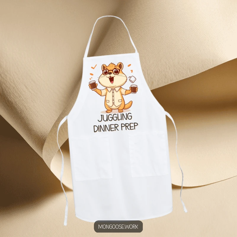 Funny apron showing a cheerful mongoose office worker skillfully juggling coffee cups, ready to tackle any kitchen challenge with flair.