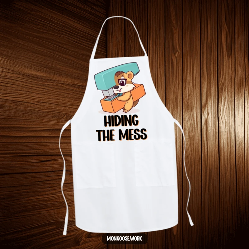 Funny apron showing a playful mongoose office worker peeking from behind a giant stapler, ready for kitchen fun and games.