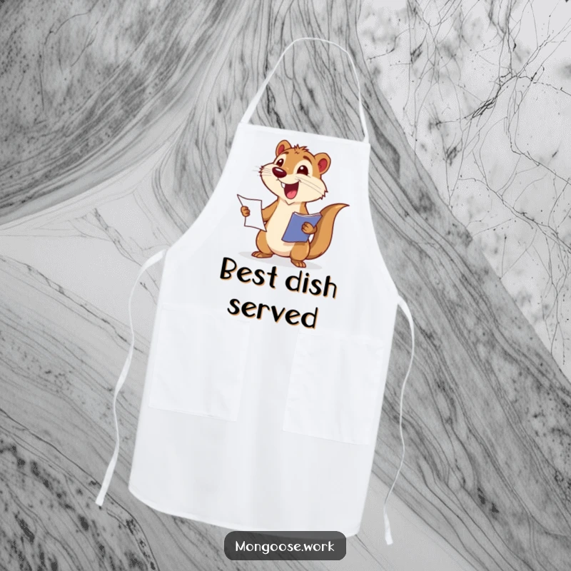 Funny apron showing an excited mongoose wagging its tail while presenting a report, ideal for kitchen triumphs.