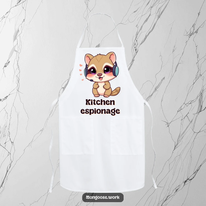 Funny Mongoose secret agent apron showing a sly character with a headset whispering secrets, perfect for cooks with a sense of humor.