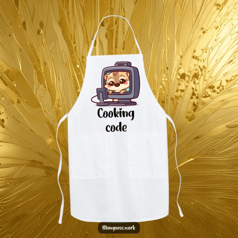 Funny Mongoose tech apron showing a mongoose with wide eyes staring at a computer screen, perfect for a tech-loving cook.
