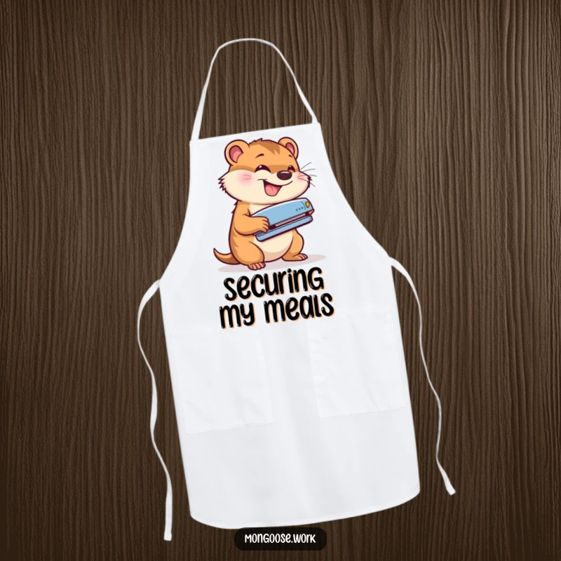 Funny apron with a cute mongoose energetically using a stapler with a grin, designed for a humorous and productive kitchen or craft experience.