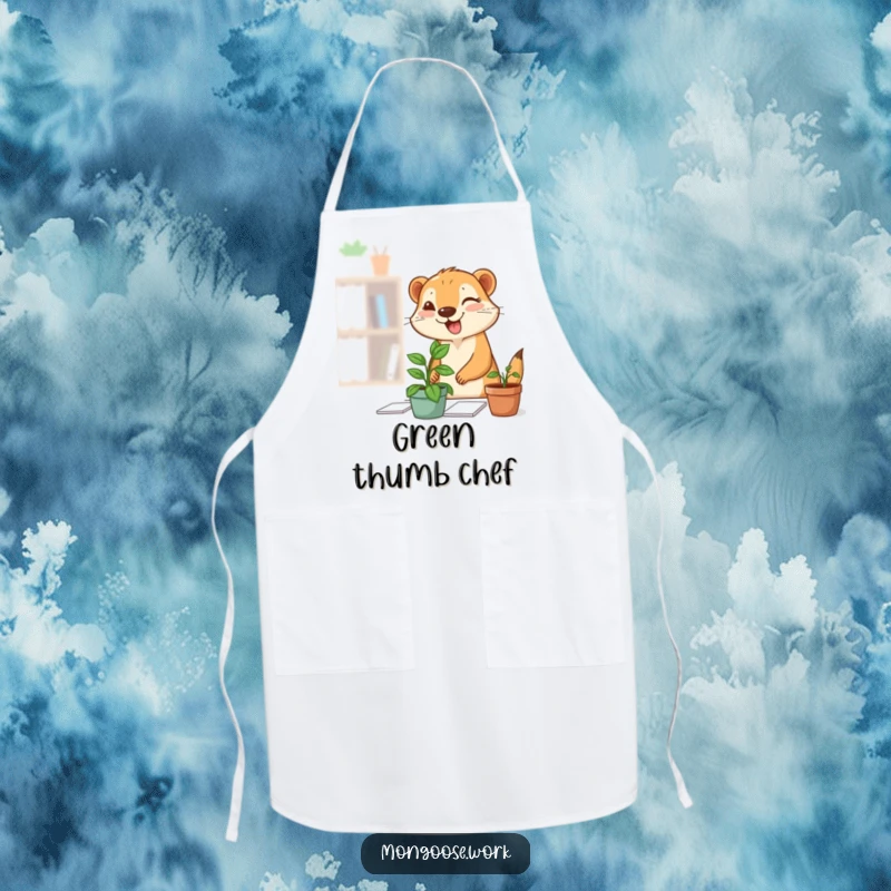 Funny Mongoose Plant Apron: A whimsical apron showing a mongoose happily setting a potted plant on a desk, complete with a cheeky wink.