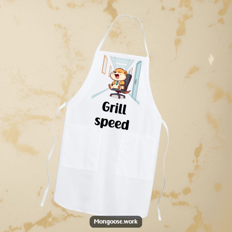 Funny Mongoose Office Chair Apron: A laughing mongoose slides on an office chair, a funny and practical accessory for kitchen fun.