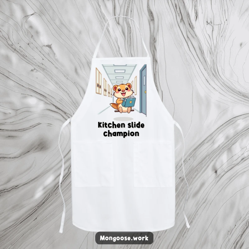 Funny Mongoose Apron, a happy office worker sliding down a hallway on a file folder, ideal for kitchen fun.