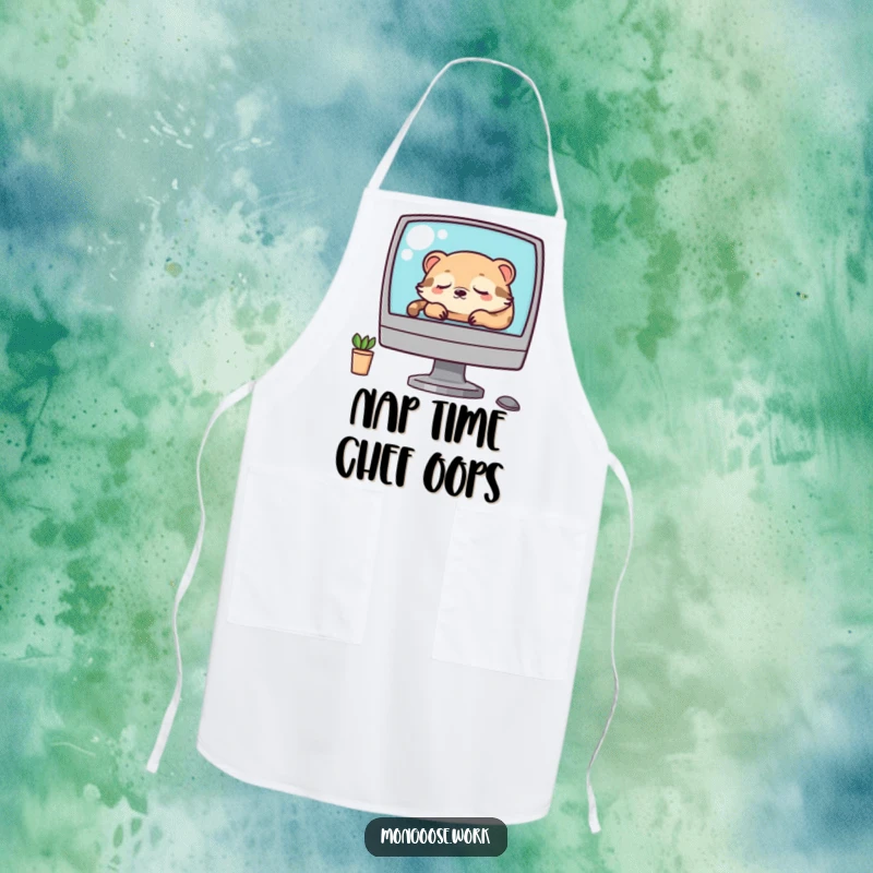 Funny Kawaii mongoose napping on a computer monitor, featured on a kitchen apron, bringing humorous sleepiness to cooking tasks.