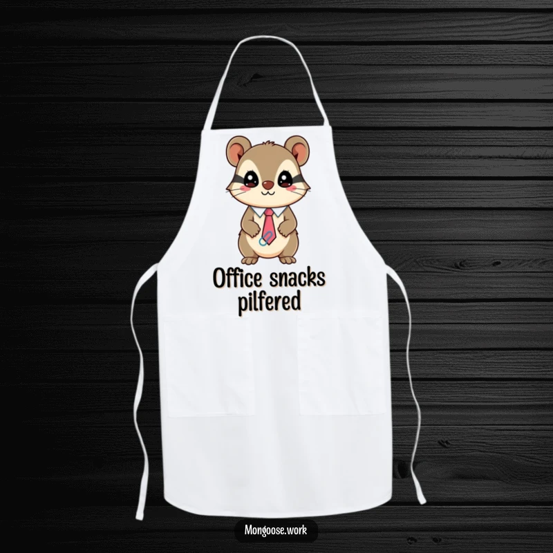 Funny Kawaii mongoose apron, a mischievous character wearing a tie made of paperclips, functional and humorous kitchen wear.