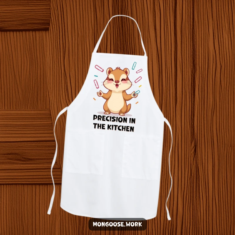 Funny Mongoose Apron: A mongoose juggles paper clips with intense focus, ready for kitchen tasks with humor, ideal for funny gifts.