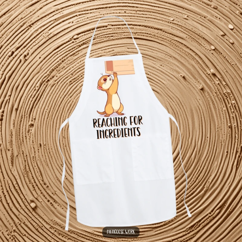 Funny mongoose apron, stretching determinedly for a high shelf, a humorous and protective accessory for the kitchen.
