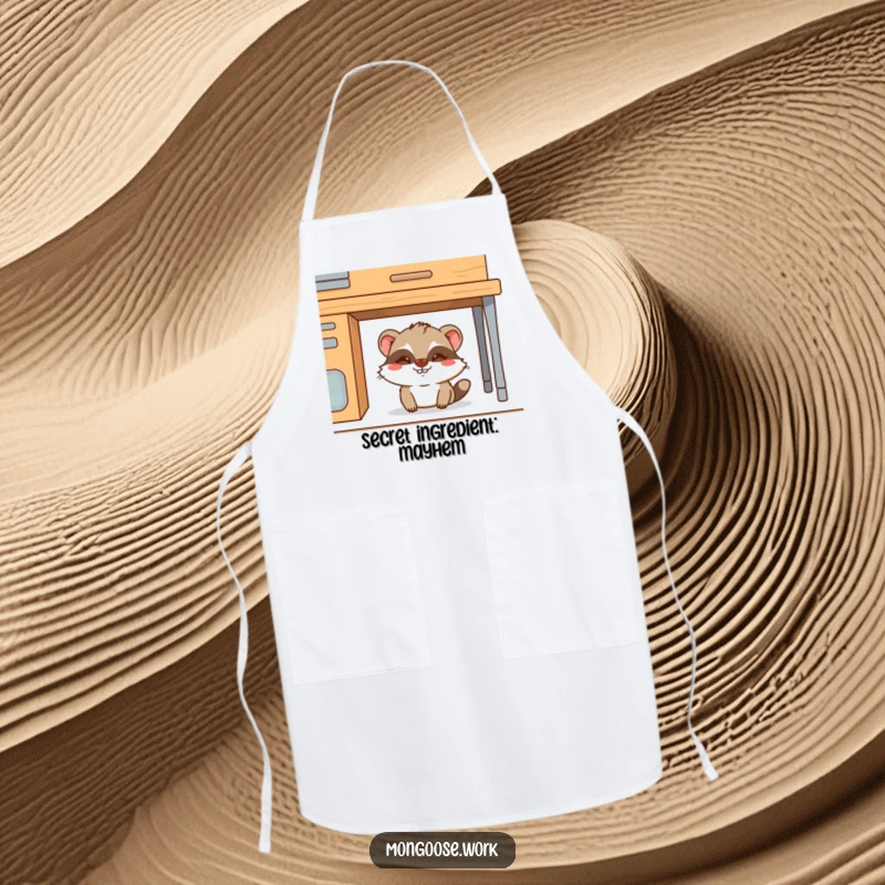 Funny Mongoose Apron: A mischievous mongoose hiding under a desk, ready for kitchen tasks with a funny, playful attitude, great for funny gifts.