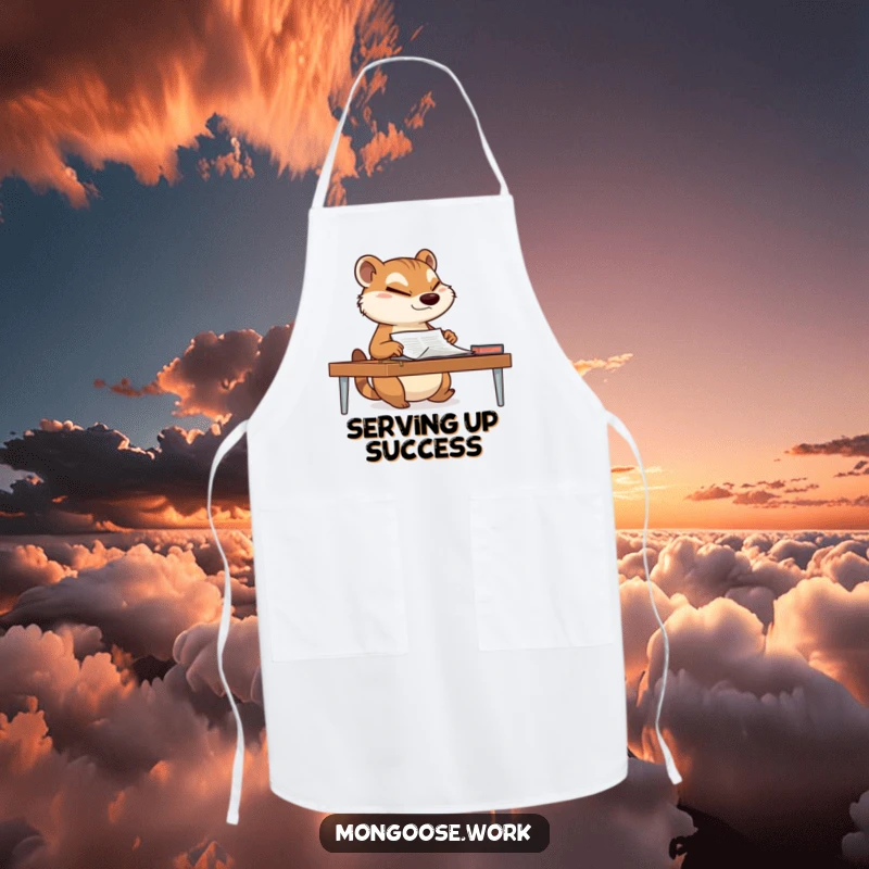 Funny mongoose sliding a document across a desk with a determined wink on a kitchen apron, adding humorous charm to cooking.