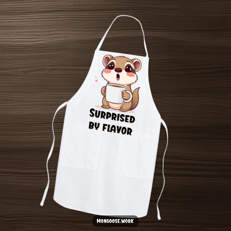 Funny apron with a cute mongoose making a surprised face while holding a coffee mug, designed for a humorous coffee-making or kitchen experience.