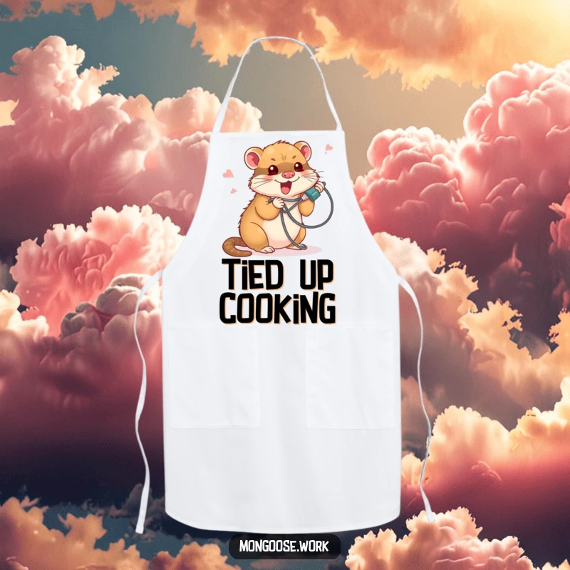 Funny apron with a cute mongoose comically tangled in a phone cord, designed for a humorous and relatable tech experience.