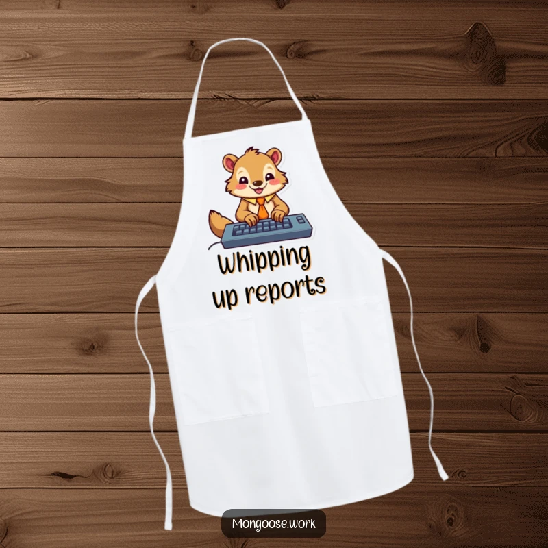 Funny apron with a happy mongoose wearing a tie, enthusiastically typing on a keyboard, ideal for humorous work or kitchen activities.