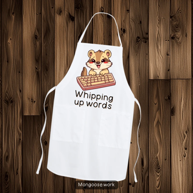 Funny Kawaii mongoose apron, showing an excited mongoose typing on an oversized keyboard, perfect for humorous kitchen productivity.