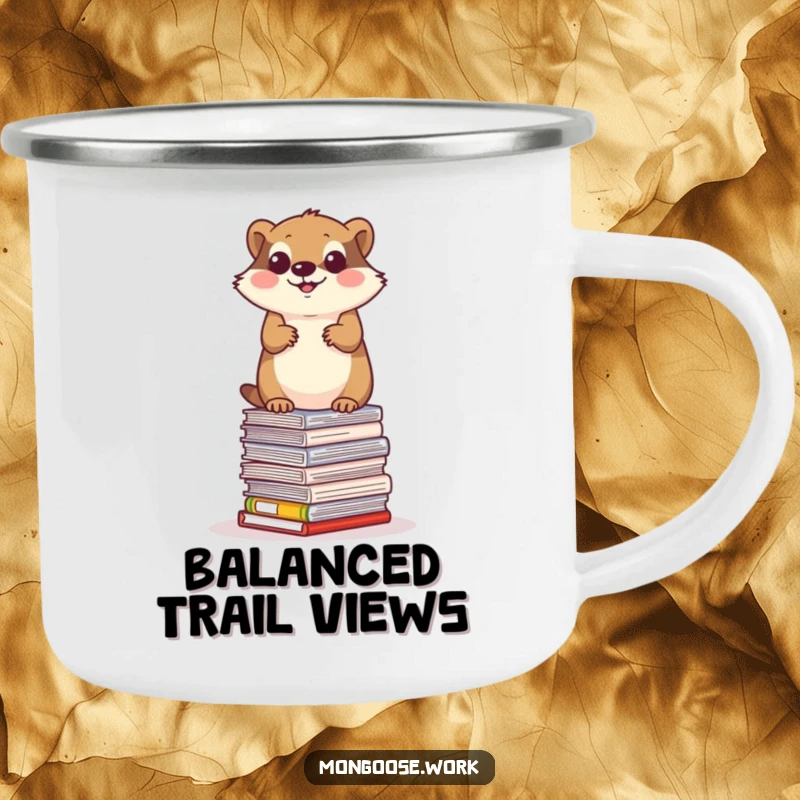 Funny mongoose camping mug, a determined mongoose balancing on a stack of office papers, camping humor, adventure.