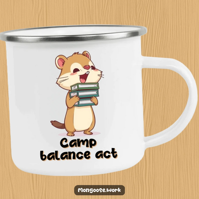 Funny Mongoose busy camping mug featuring a mongoose precariously balancing a stack of files, perfect for work breaks.