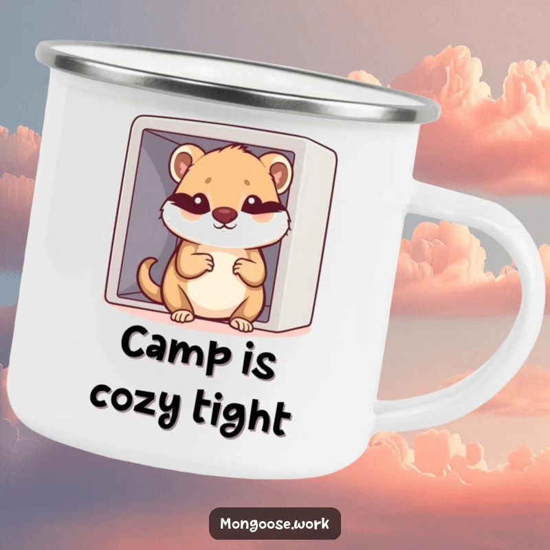 Funny Kawaii mongoose character struggling to fit into a tiny cubicle, designed for a durable camping mug, ideal for office relaxation.