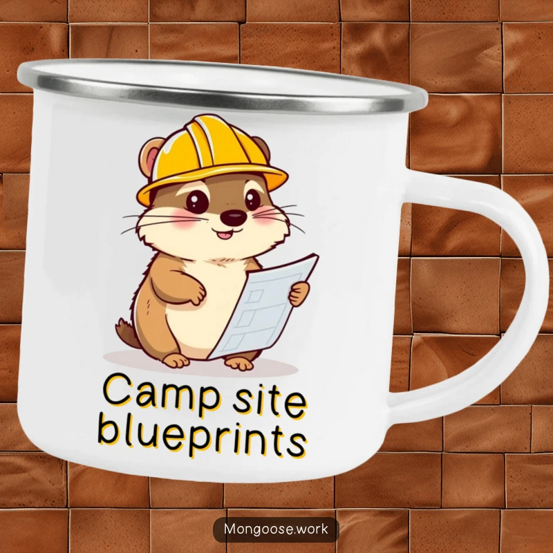 Funny mongoose camping mug, wearing a hard hat and studying blueprints, perfect for enjoying drinks during outdoor adventures with a clever twist.