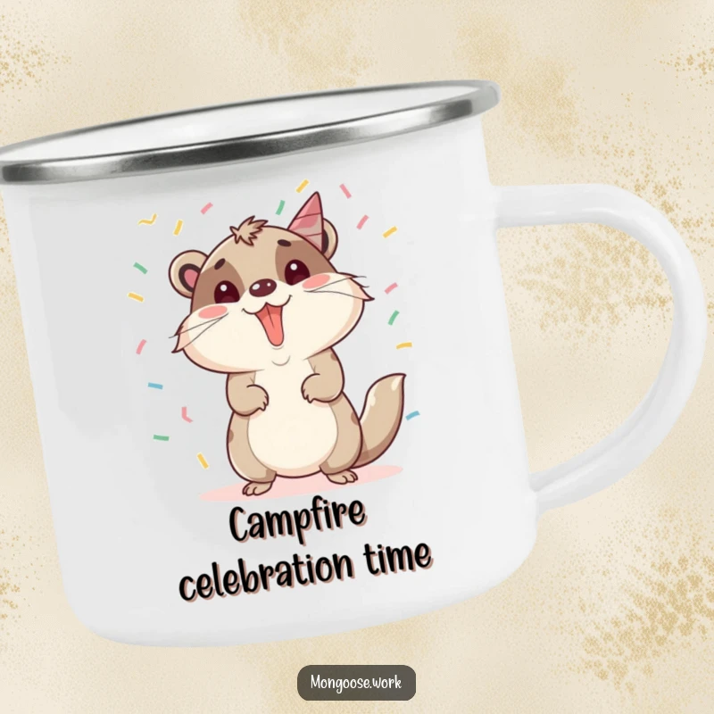 Funny Mongoose Camping Mug: A mongoose celebrating a promotion with confetti, designed for adventure, offering durable humor and a funny gift.