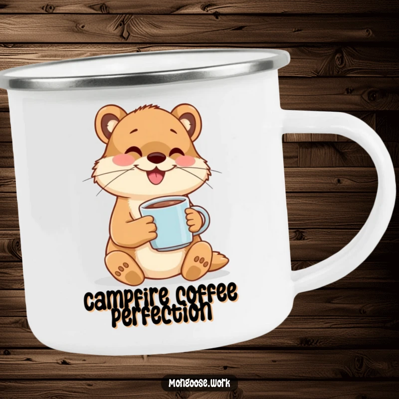 Funny camping mug featuring a happy mongoose character cheerfully sipping coffee from a tiny mug, perfect for outdoor drinks.