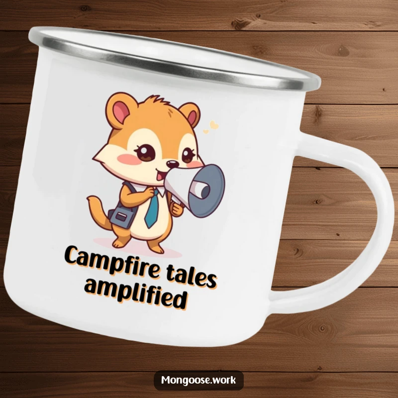 Funny Mongoose Camping Mug, a focused office worker using a rolled-up document as a megaphone, ideal for outdoor communication.