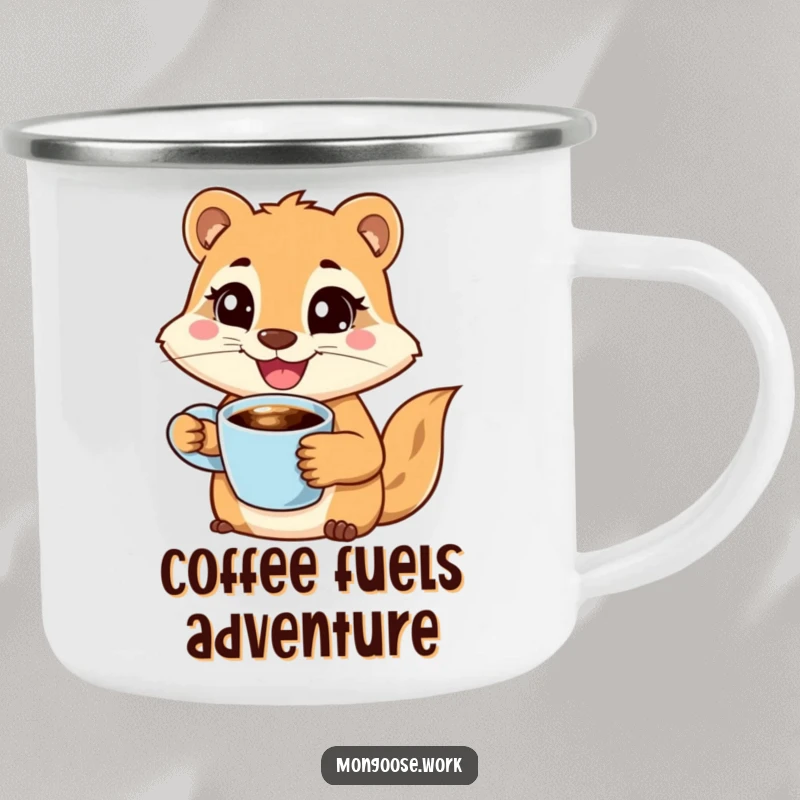 Funny camping mug showing a joyful mongoose character holding a coffee cup with a wide smile, looking determined, perfect for outdoor mornings.