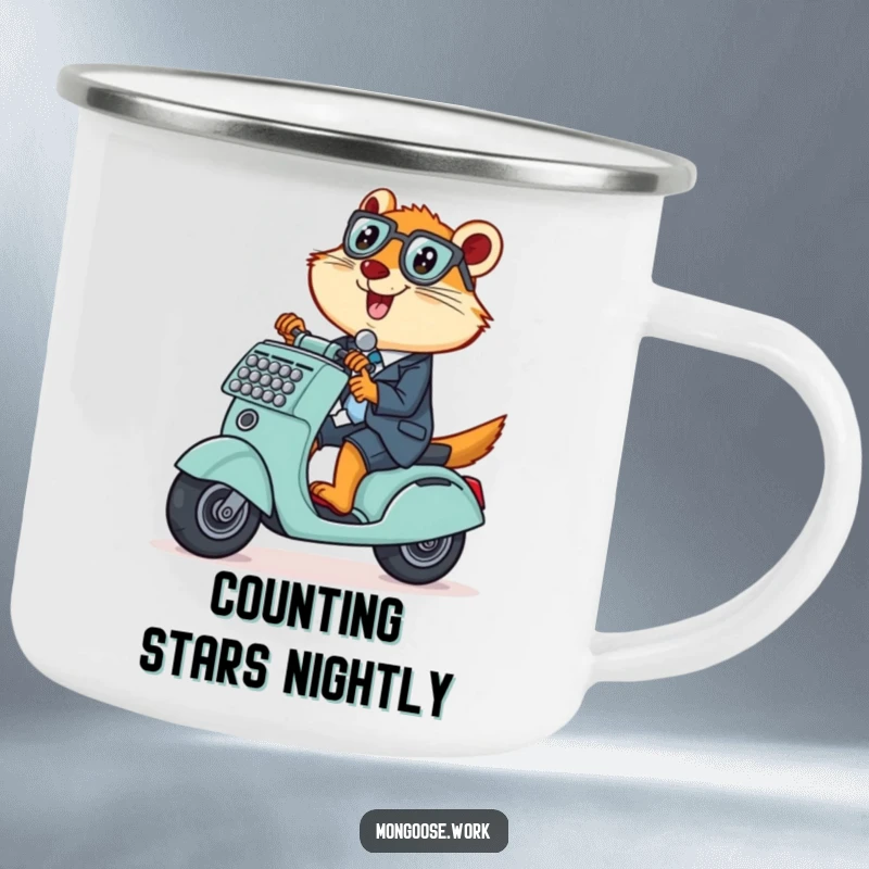 Funny Mongoose Camping Mug, a mischievous office worker riding an adding machine as a scooter, ideal for outdoor fun.