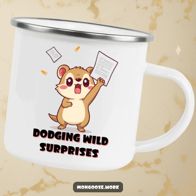 Funny Kawaii mongoose camping mug, showing a surprised mongoose dodging a flying document, perfect for humorous office escapes.