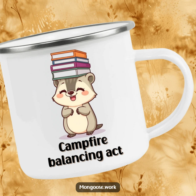 Funny Kawaii mongoose camping mug, showing a giggling mongoose balancing a stack of files on its head, perfect for organized outdoor fun.