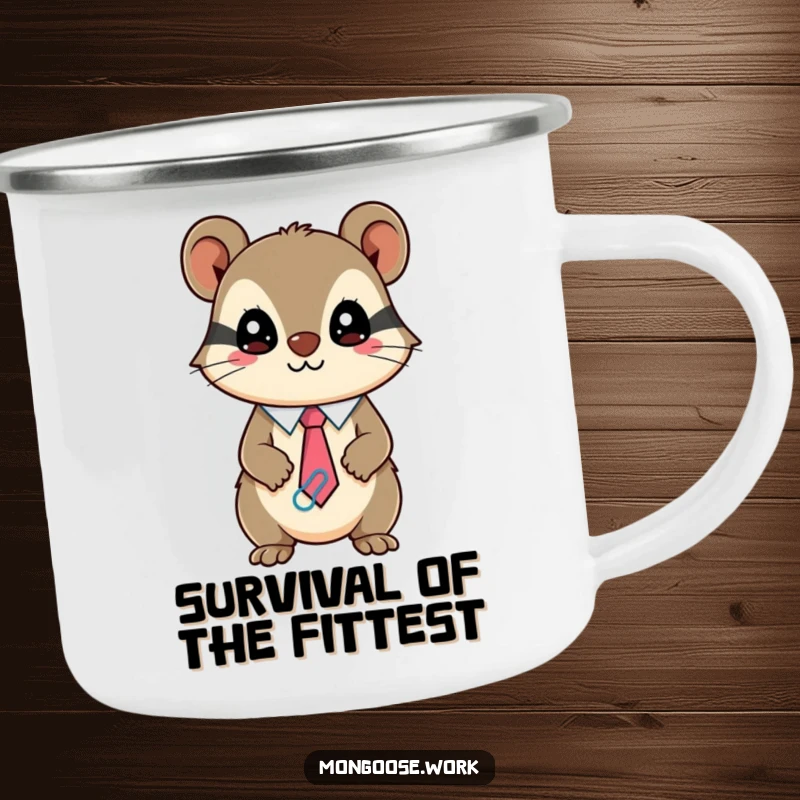 Funny Kawaii mongoose camping mug, a mischievous character wearing a paperclip tie, tough and humorous.