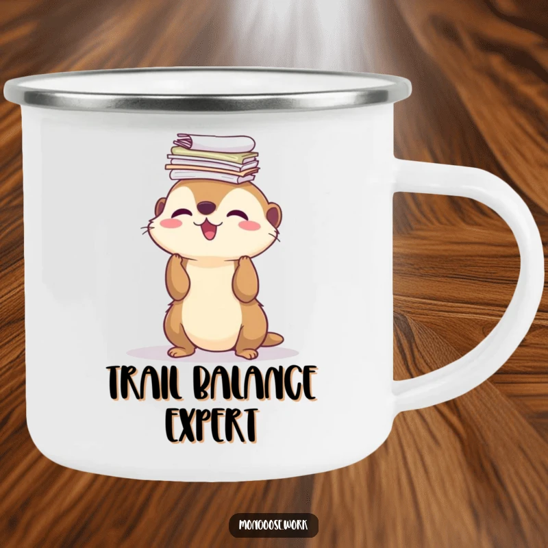 Funny Camping Mug: a cute mongoose balancing a stack of papers on its nose, ready for outdoor adventures and laughs.