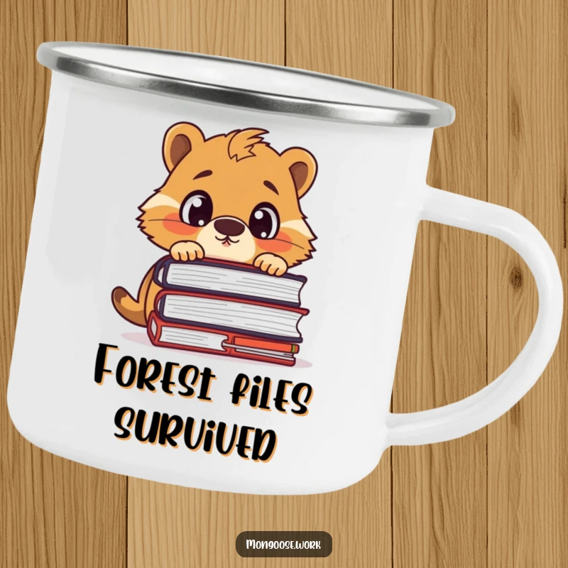 Funny camping mug featuring a surprised mongoose character peeking over a large stack of files, perfect for outdoor drinks.